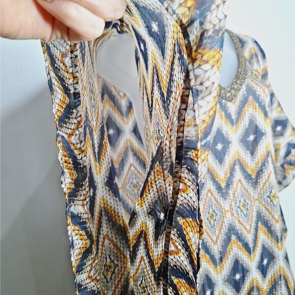 Chico's Diamond Print Poncho Shawl Beaded Sequin Sheer S/M Boho Top Flowy Topper - Picture 10 of 11